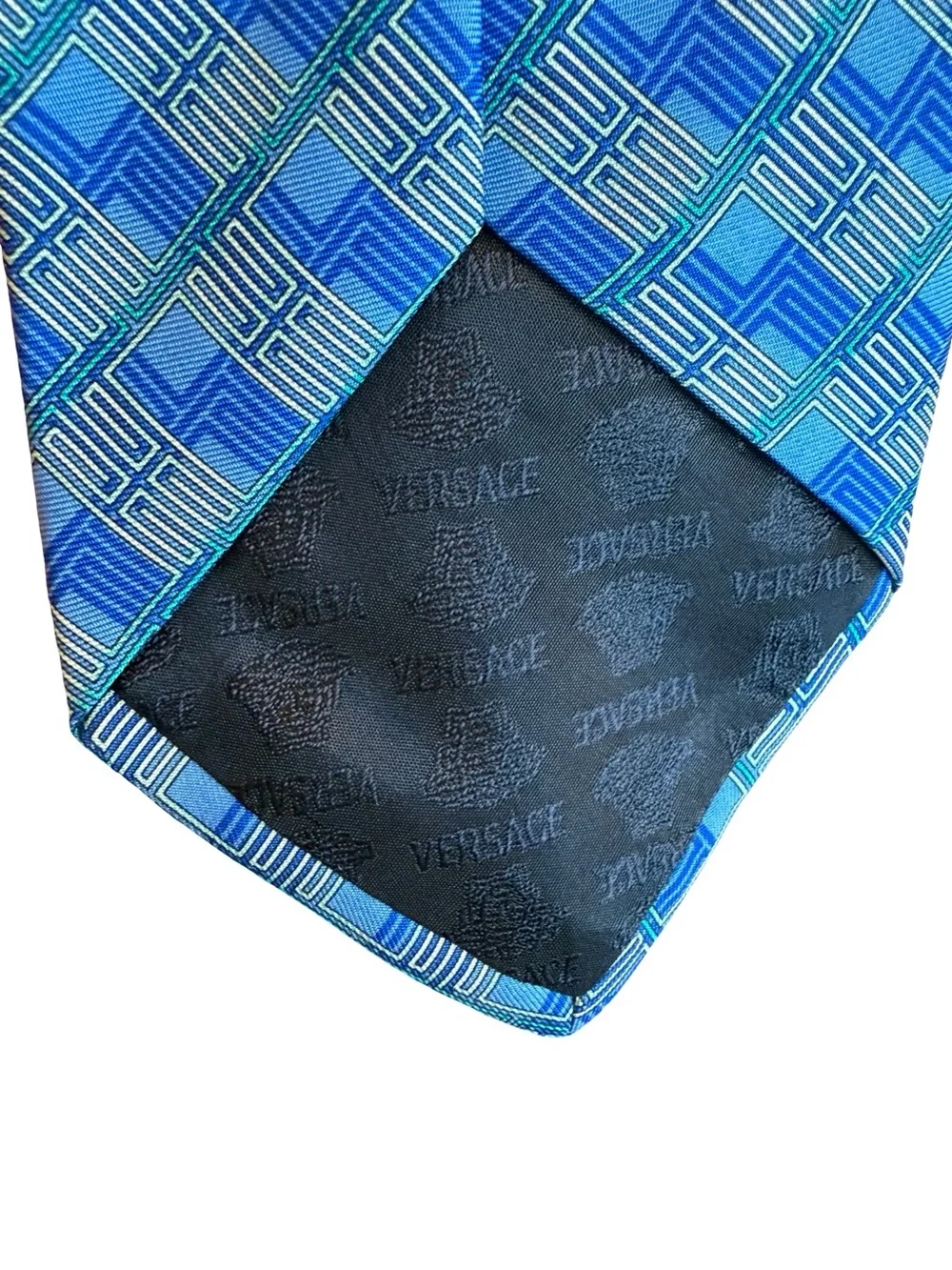 Versace 100% Silk Blue Geometric Print Neck Tie Luxury Designer Work Office
